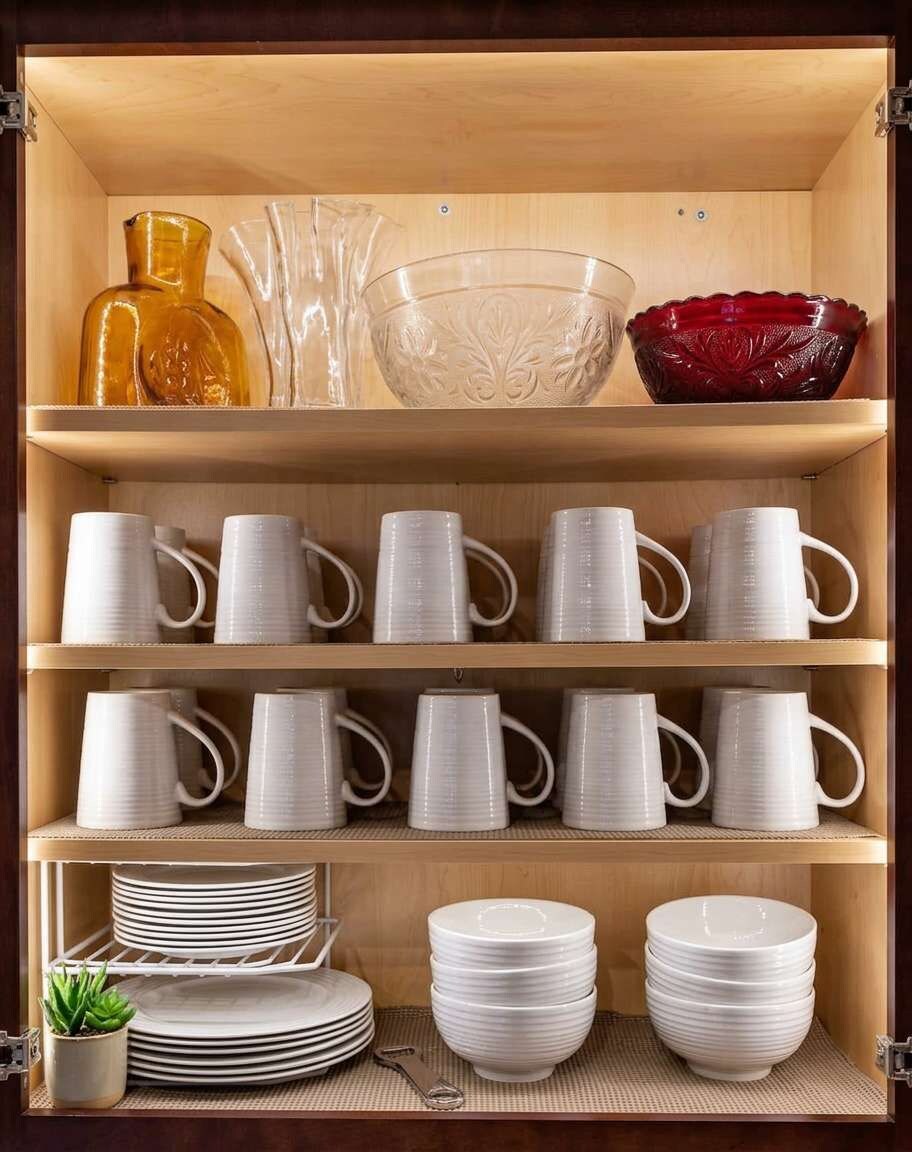 Un meuble de cuisine avec des étagères où sont rangées des tasses blanches, des vases en verre transparent et des assiettes blanches.