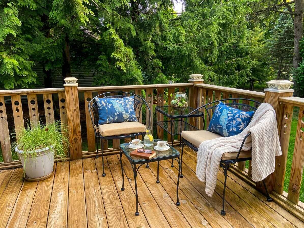 A wooden deck with two chairs and a table, surrounded by a wooden railing.