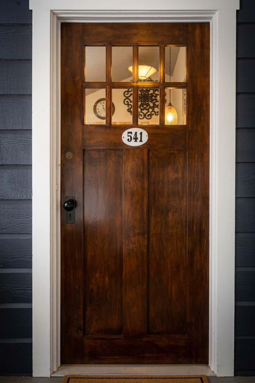 Una puerta de madera con una placa con número, un panel de vidrio y una lámpara.