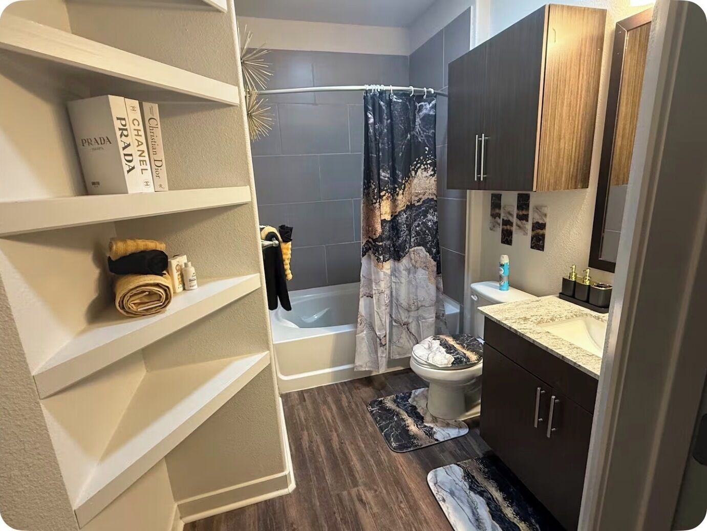 Hair dryer, towels, soap, toilet paper