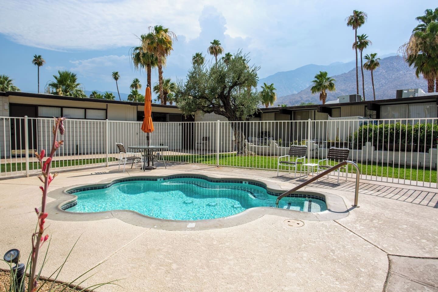 A swimming pool with a curved edge, surrounded by a white fence, palm trees, and a mountain in the background.