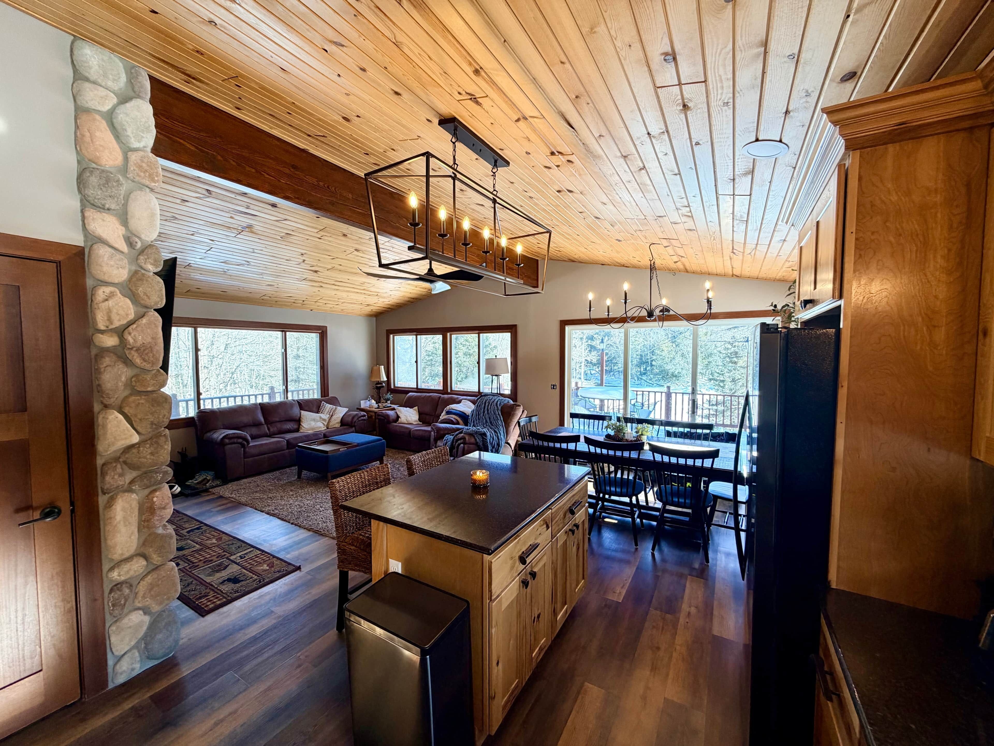 TV, fireplace, DVD player, computer monitors