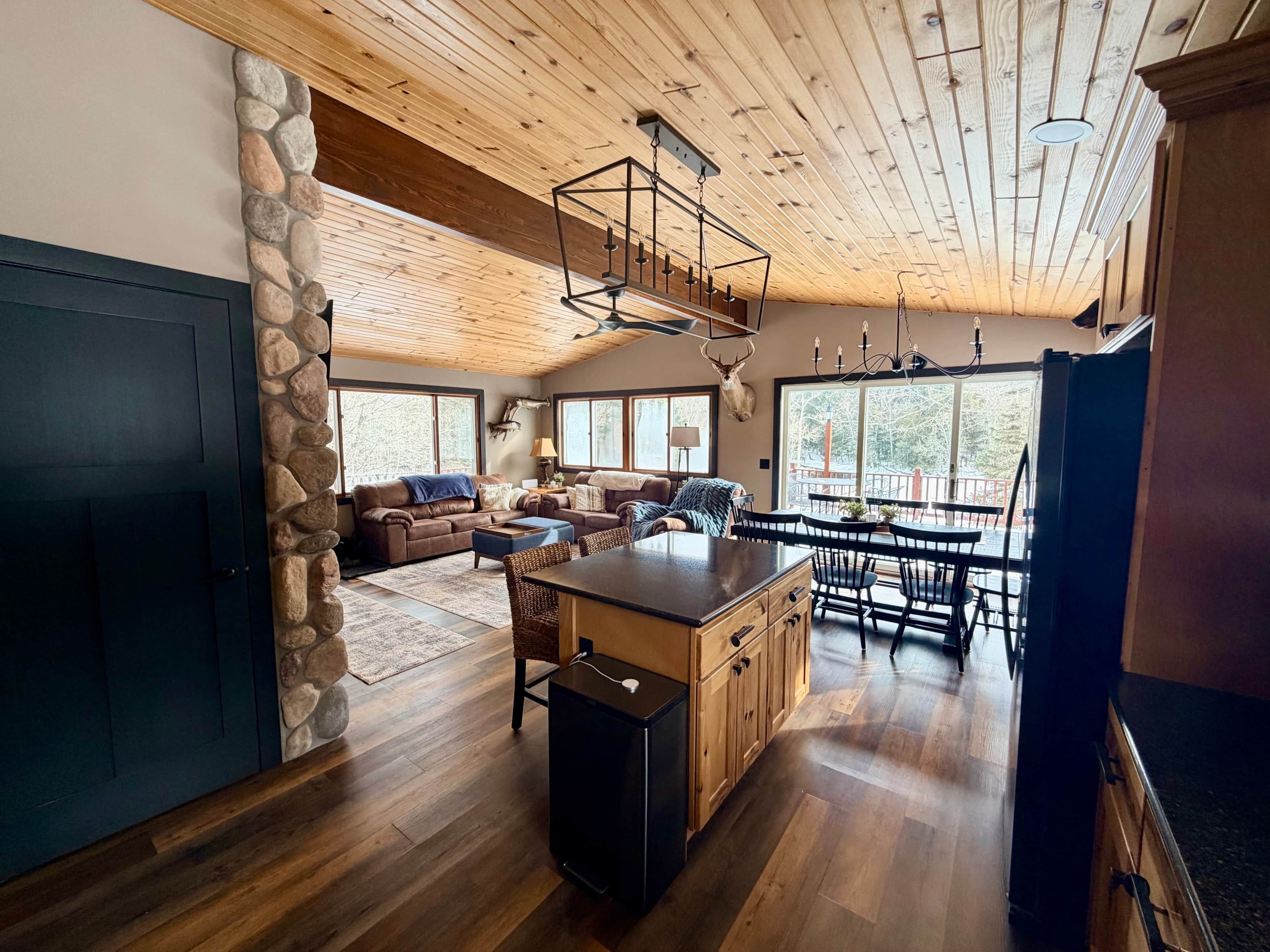 TV, fireplace, DVD player, computer monitors