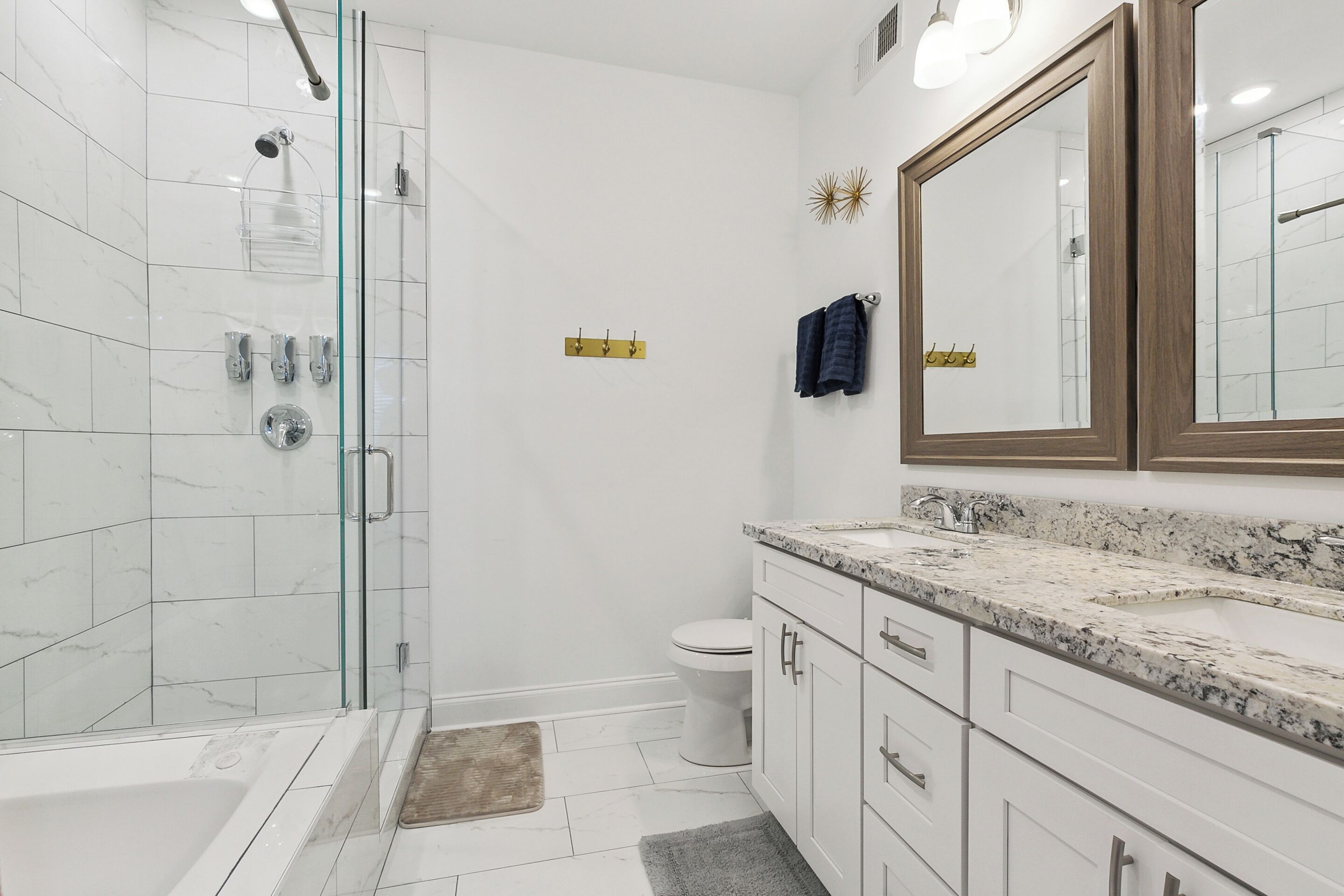 Hair dryer, towels, soap, toilet paper