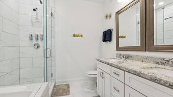 Hair dryer, towels, soap, toilet paper