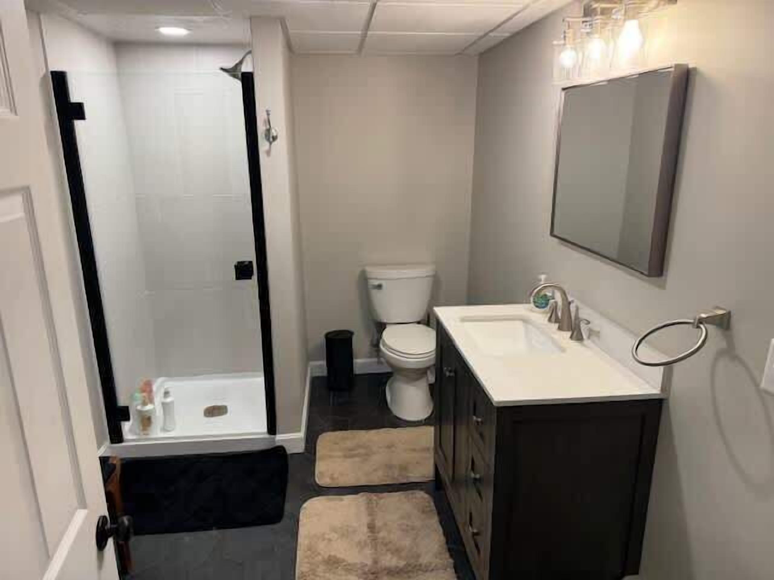 Un baño moderno con ducha, inodoro y lavabo.