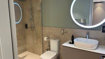 Shower, hair dryer, bidet, towels