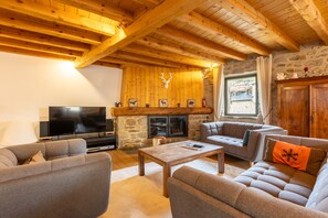 Televisión, chimenea, reproductor de DVD y estéreo 