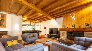 A cozy living room with grey sofas, a wooden ceiling, a stone fireplace, and a mounted deer head. - L’Écrin des Angles - Jacuzzi, Sauna, Hamman privé (Les Angles)