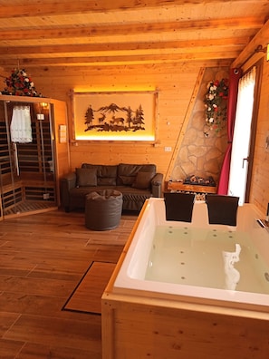Interior de madera con chimenea de piedra, un sofá, una bañera de hidromasaje con cubierta de vidrio y un cuadro colgado en la pared.