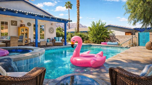 Ein Pool mit einem Flamingo-Schwimmpunkt, Korbmöbeln und einem Gebäude mit blauem Dach.