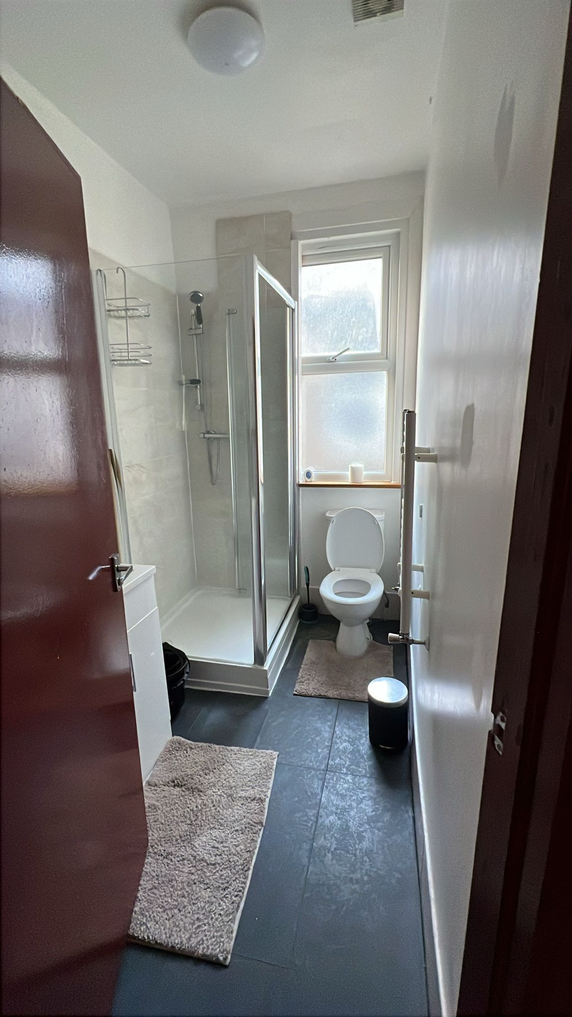 Shower, hair dryer, towels, toilet paper