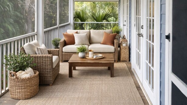 A covered porch with a wooden ceiling, string lights, a ceiling fan, wicker furniture, and a view of greenery outside.