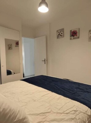 Ein Schlafzimmer mit einem Bett, einer Tür und einer Deckenleuchte.