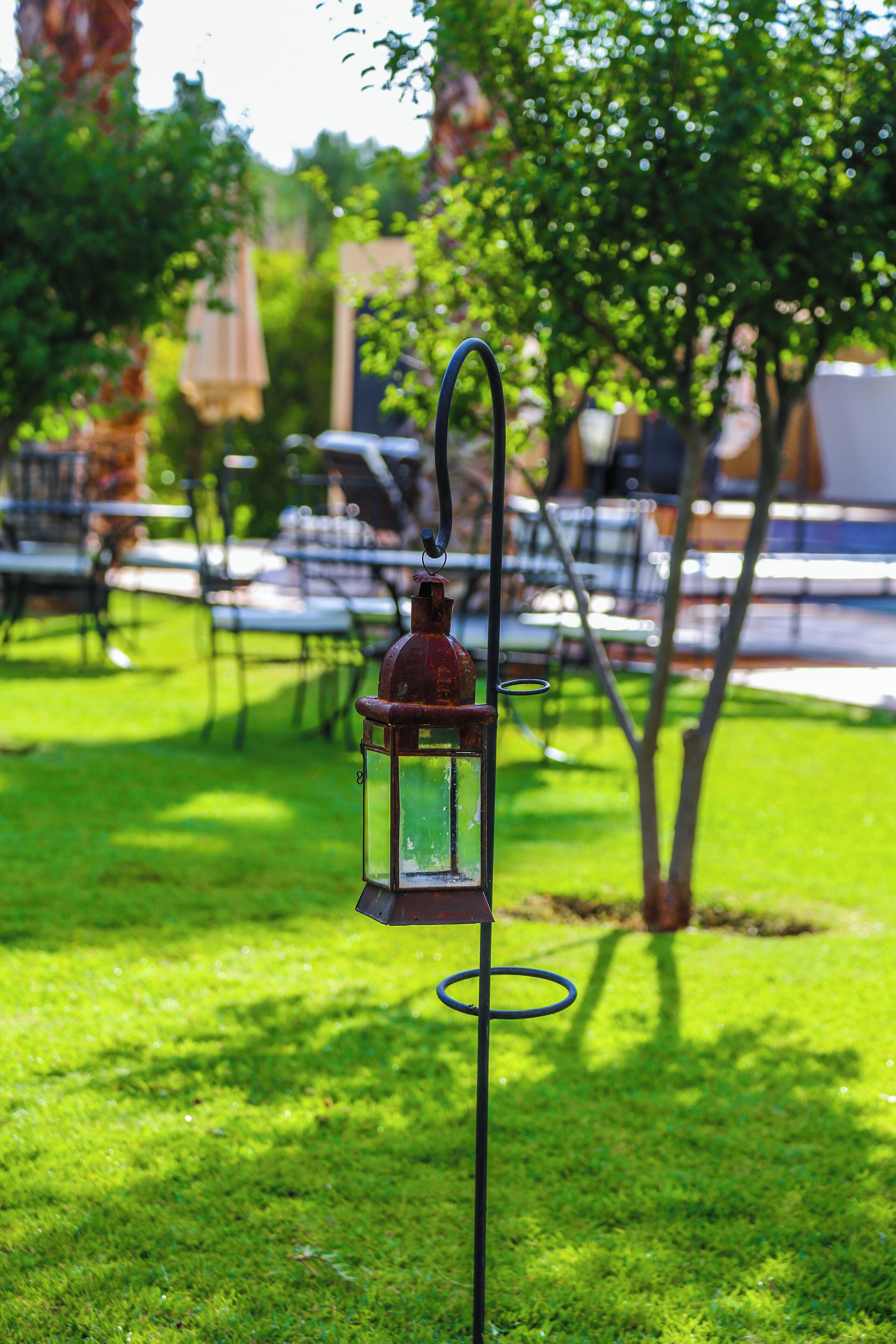 A garden with a metal lantern on a stand, surrounded by grass and trees.