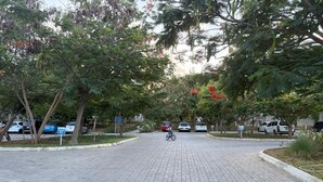 Una zona peatonal adoquinada con árboles y coches aparcados.
