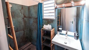 Une salle de bain avec une douche, un lavabo et un miroir.