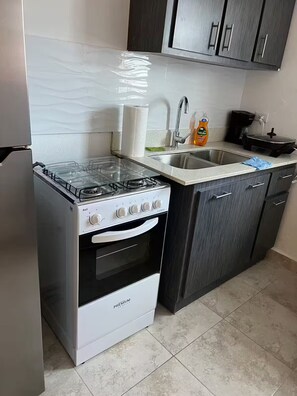 A kitchen with a gas stove, oven, sink, and dark cabinets. - Two bedrooms close to Plaza Las Americas (San Juan)