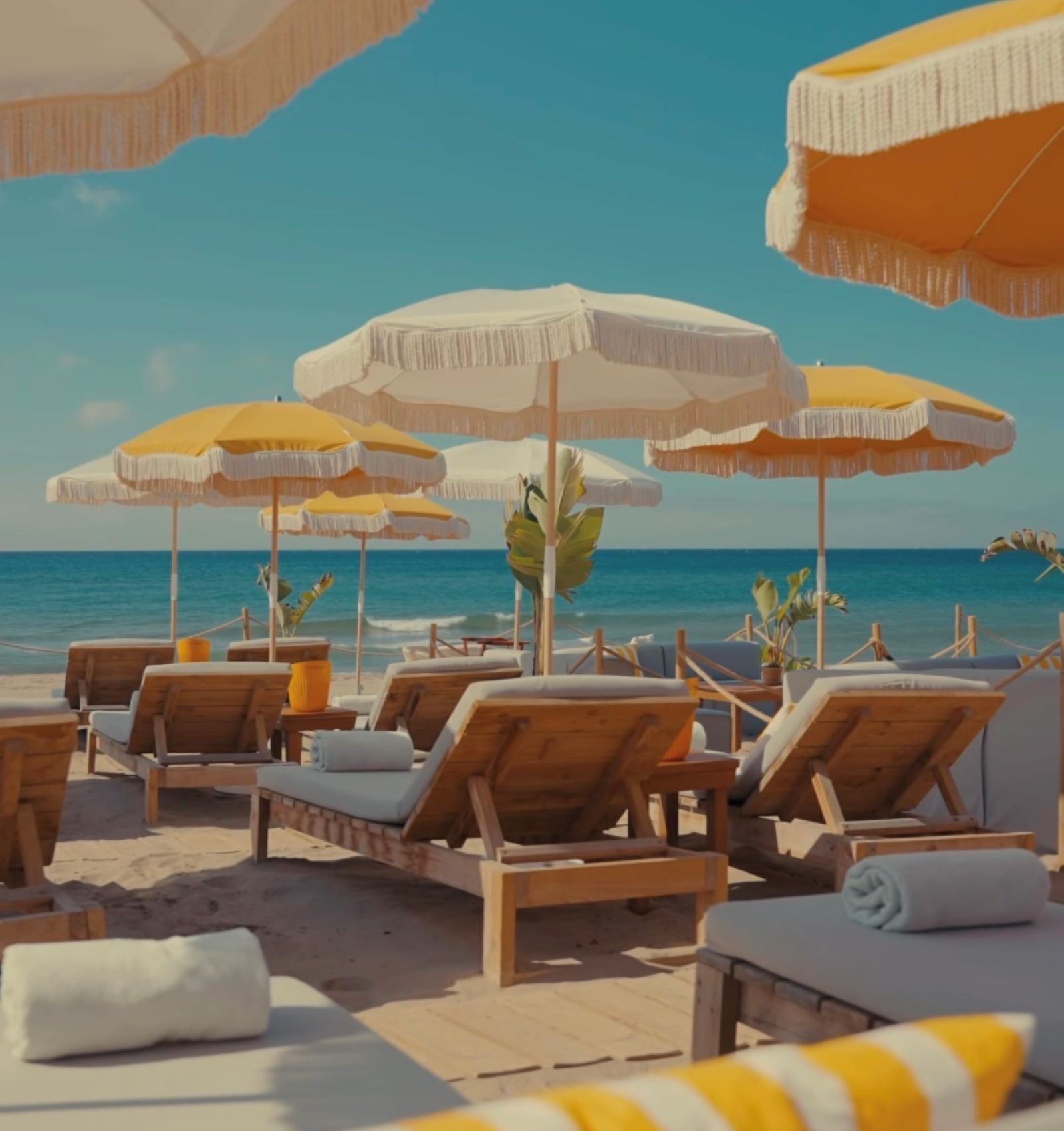 Un espace de détente aménagé sur la plage, avec des chaises longues en bois et des parasols blancs et jaunes.