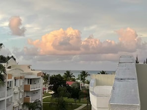 A resort with a view of the ocean, palm trees, and a building with a white facade.