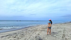 Una playa arenosa con una persona de pie, mirando al mar.