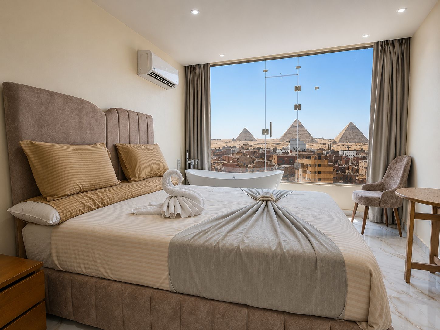 A hotel room with a large bed, a bathtub, a view of pyramids, and a cityscape.