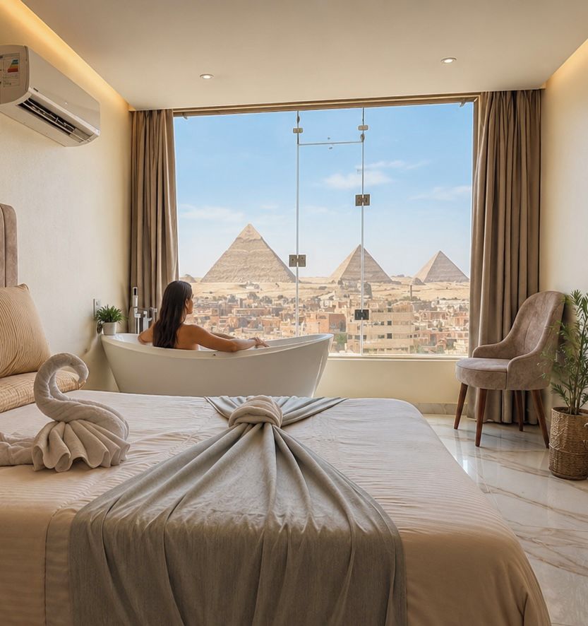 A hotel room with a bed, a bathtub, and a view of the pyramids.