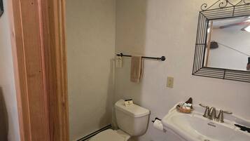 Shower, towels, soap, toilet paper