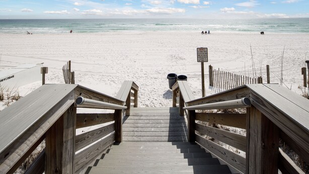 A wooden staircase leading to a sandy beach with a clear sky. - Bella Riva 108 - Golden Horizon (Fort Walton Beach)