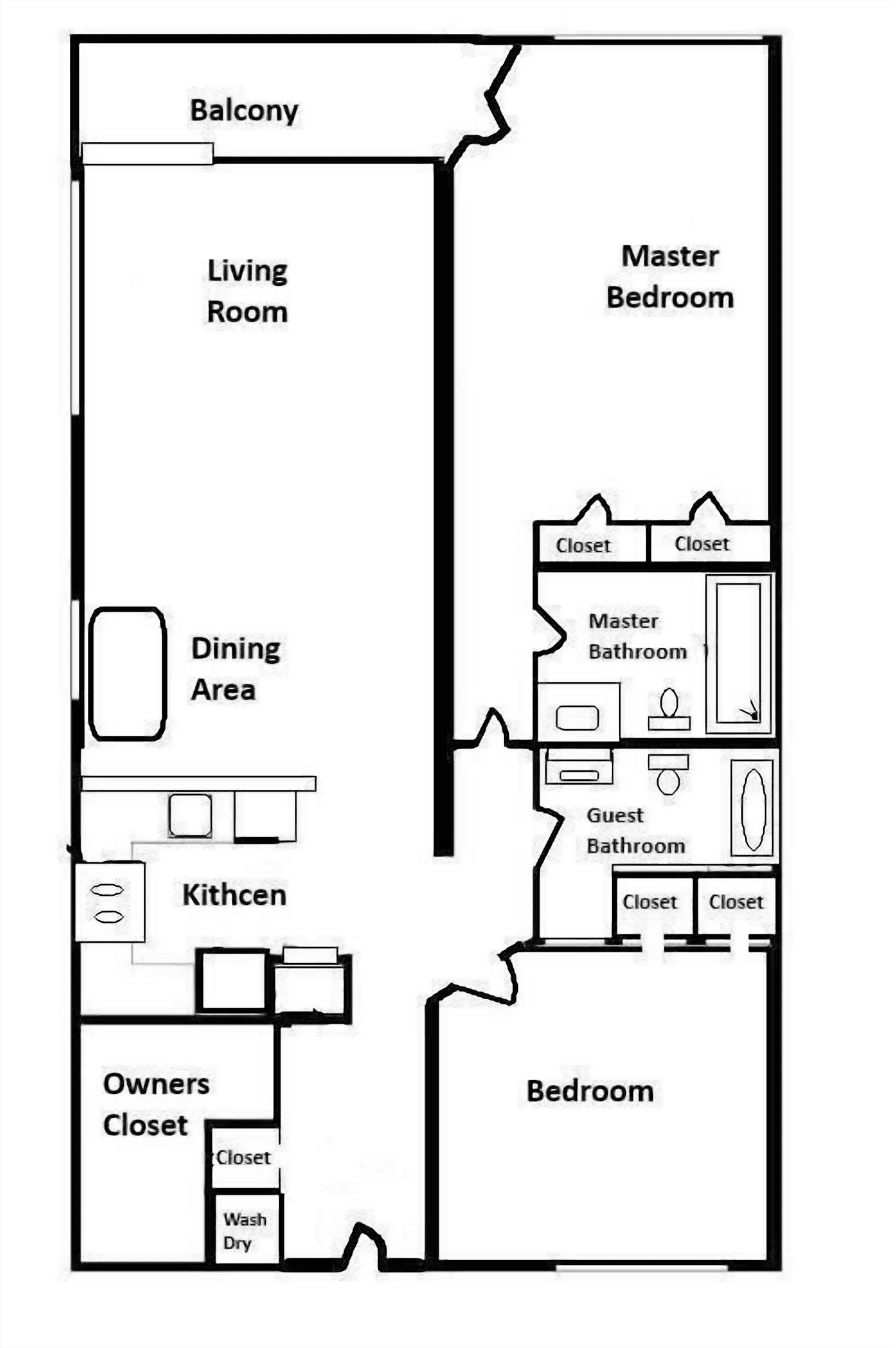 A floor plan of a hotel room with a balcony, living room, master bedroom, dining area, kitchen, and owners' closet.