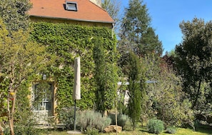 Ein Haus mit rotem Dach, efeuüberwucherten Mauern und einem Garten mit verschiedenen Pflanzen und einer Steinstruktur.