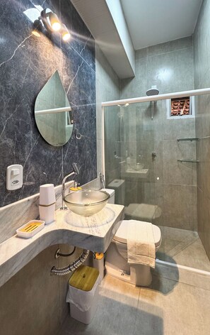 Shower, towels, toilet paper