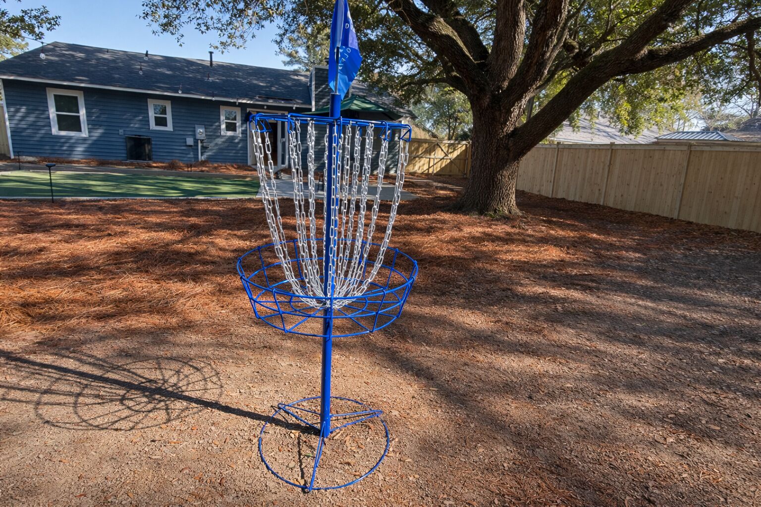 Un panier de disc golf avec un poteau et une chaîne bleus, installé dans une cour avec un arbre et une maison en arrière-plan.