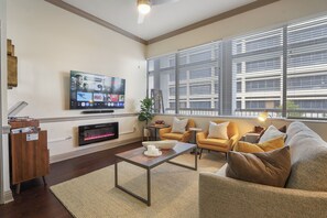 Smart TV, fireplace, books