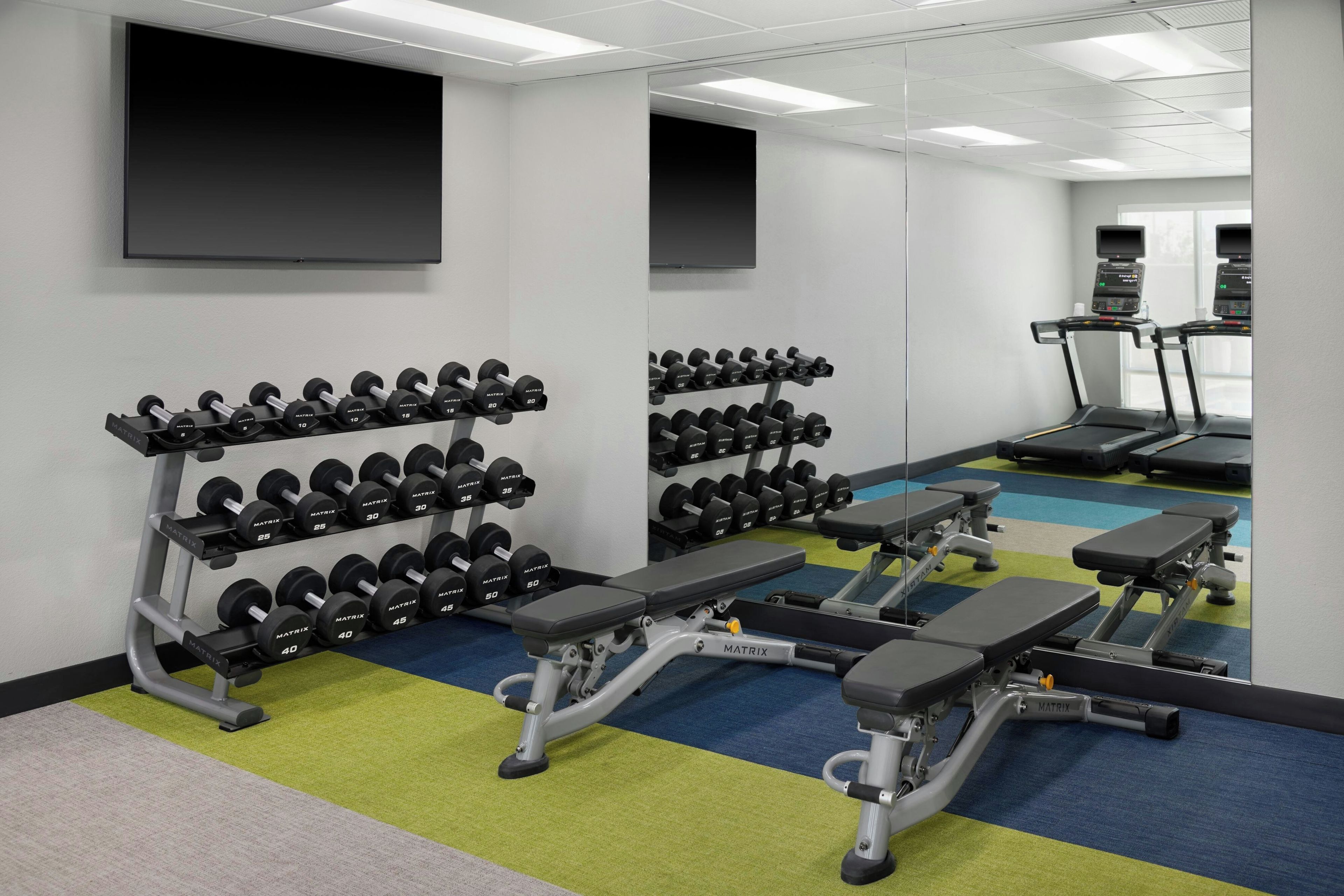 A gym with weightlifting equipment, treadmills, and a mirrored wall.