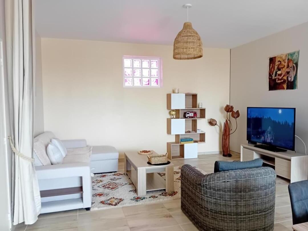 A modern living room with a white sofa, a wicker armchair, a TV, and a bookshelf.