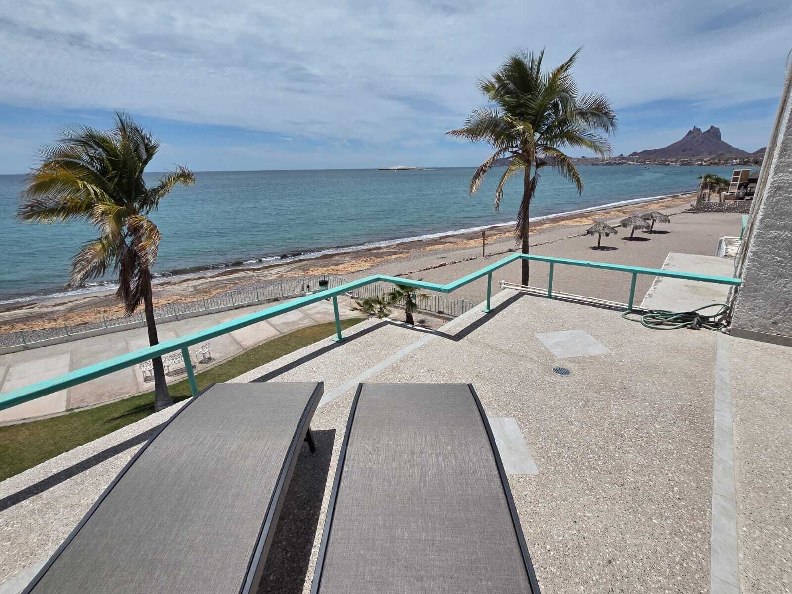 A seaside promenade with a metal railing, palm trees, and a view of the ocean.