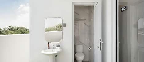 Un baño moderno con un lavabo pedestal, un espejo y un inodoro.