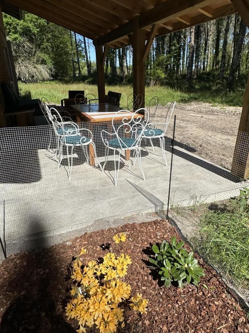 An outdoor patio with a wooden pergola, a table, and four chairs.