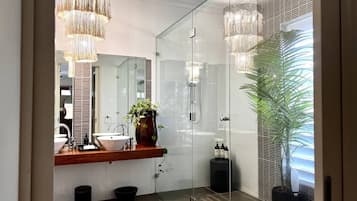 Shower, hair dryer, towels