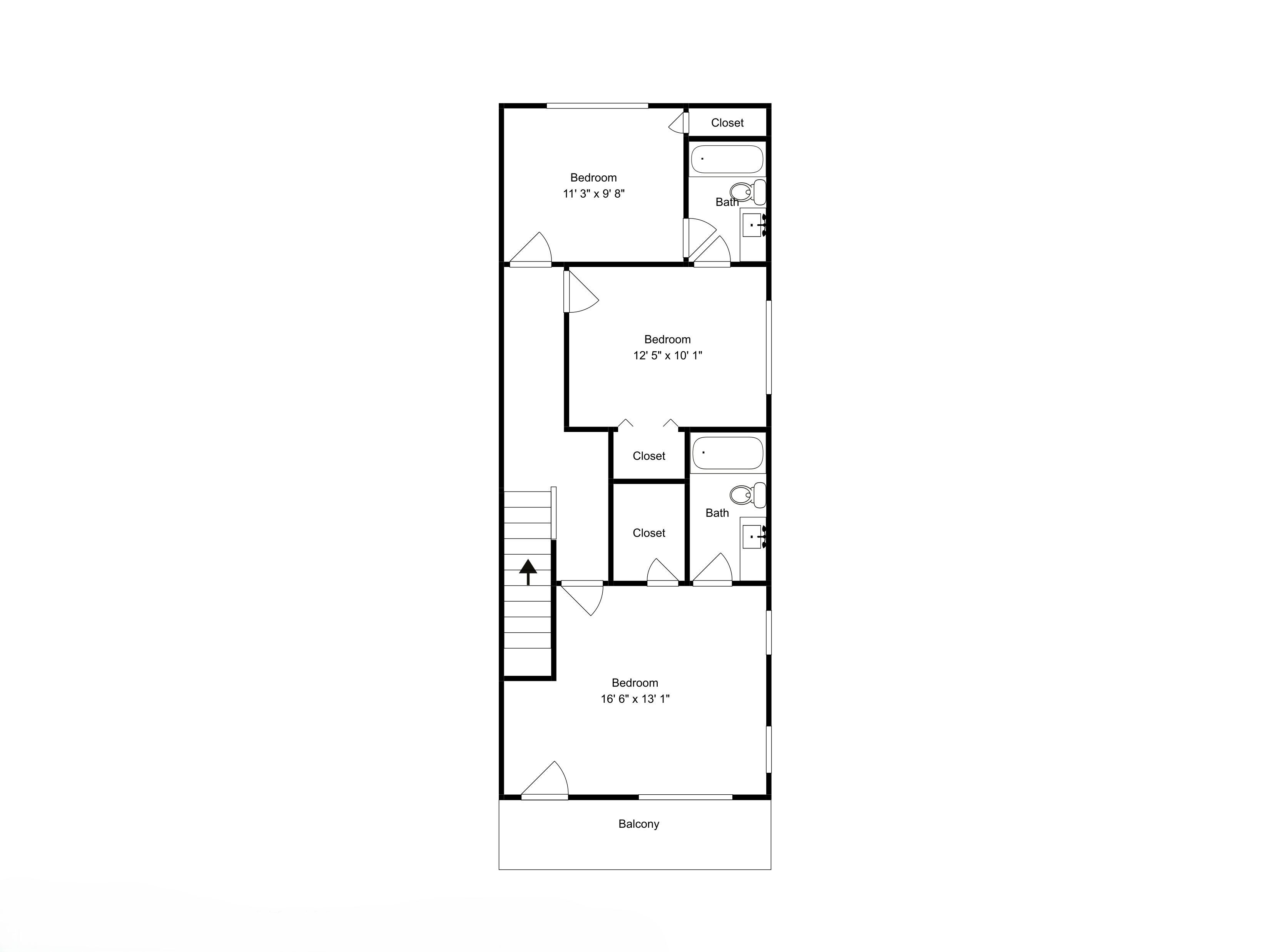 Een plattegrond van een hotelkamer met een slaapkamer van 3,4 meter bij 2,9 meter, een kleinere slaapkamer van 3,8 meter bij 3,1 meter, en een balkon.