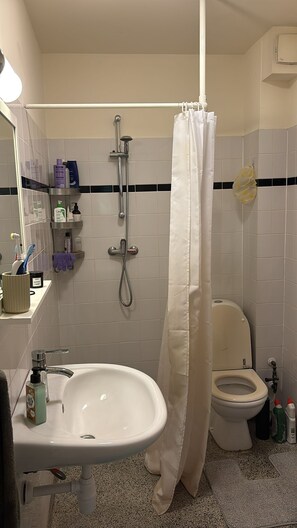 Douche, sèche-cheveux, serviettes fournies, savon