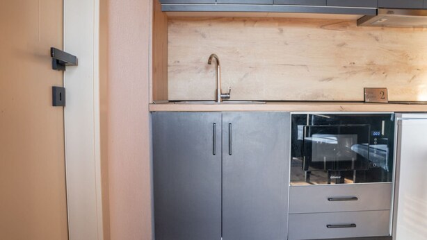 A modern kitchen with grey cabinets, a wooden countertop, and a built-in oven. - Blue Retreat The Golden Cabins With Garden (Gjinar)