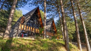 A cabin with a sloped roof, wooden exterior, and a deck with railings. - Grey Retreat The Golden Cabins With Garden (Gjinar)