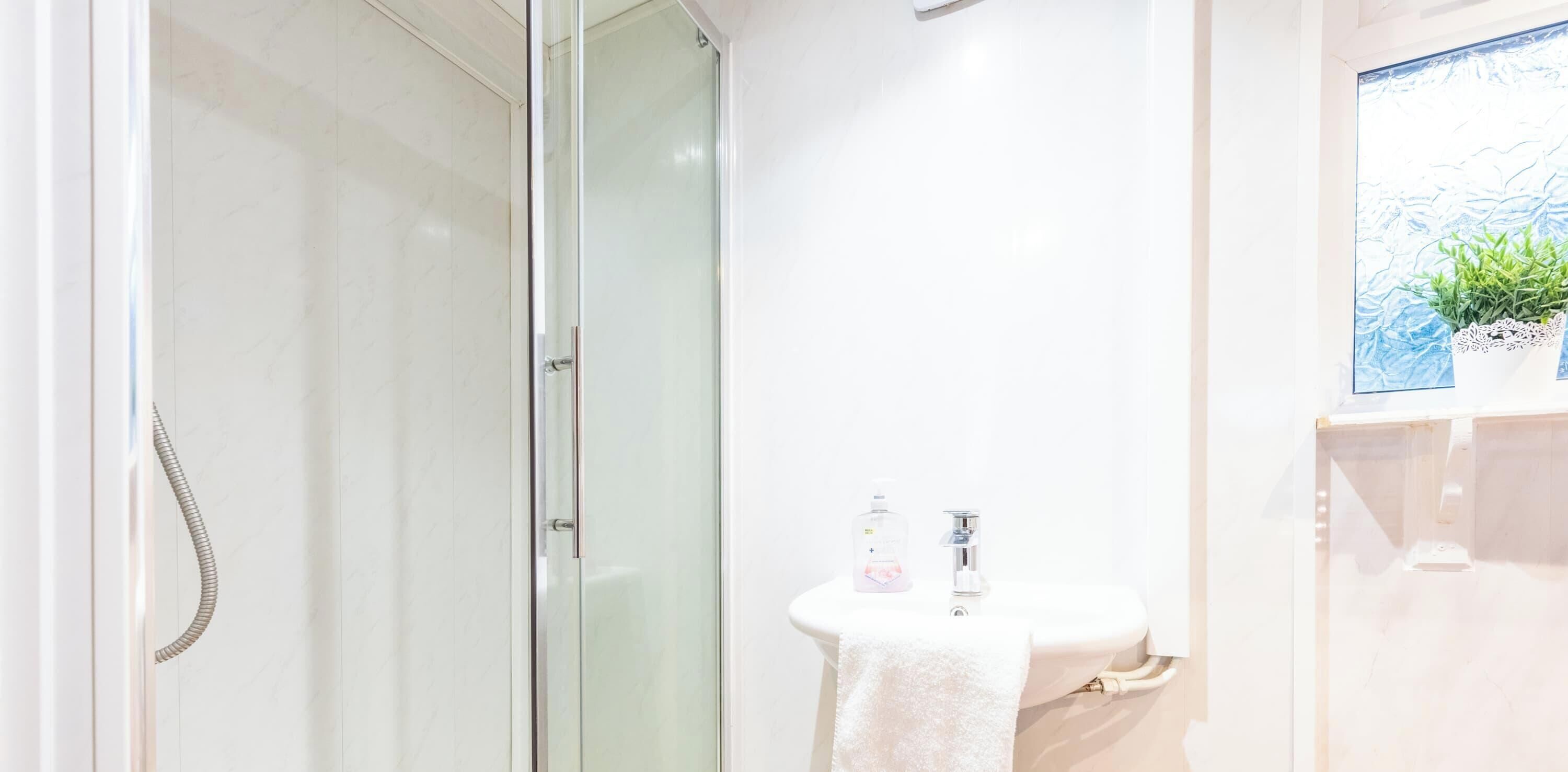 A bathroom with a glass shower enclosure, a white sink with a towel, and a potted plant on the wall.