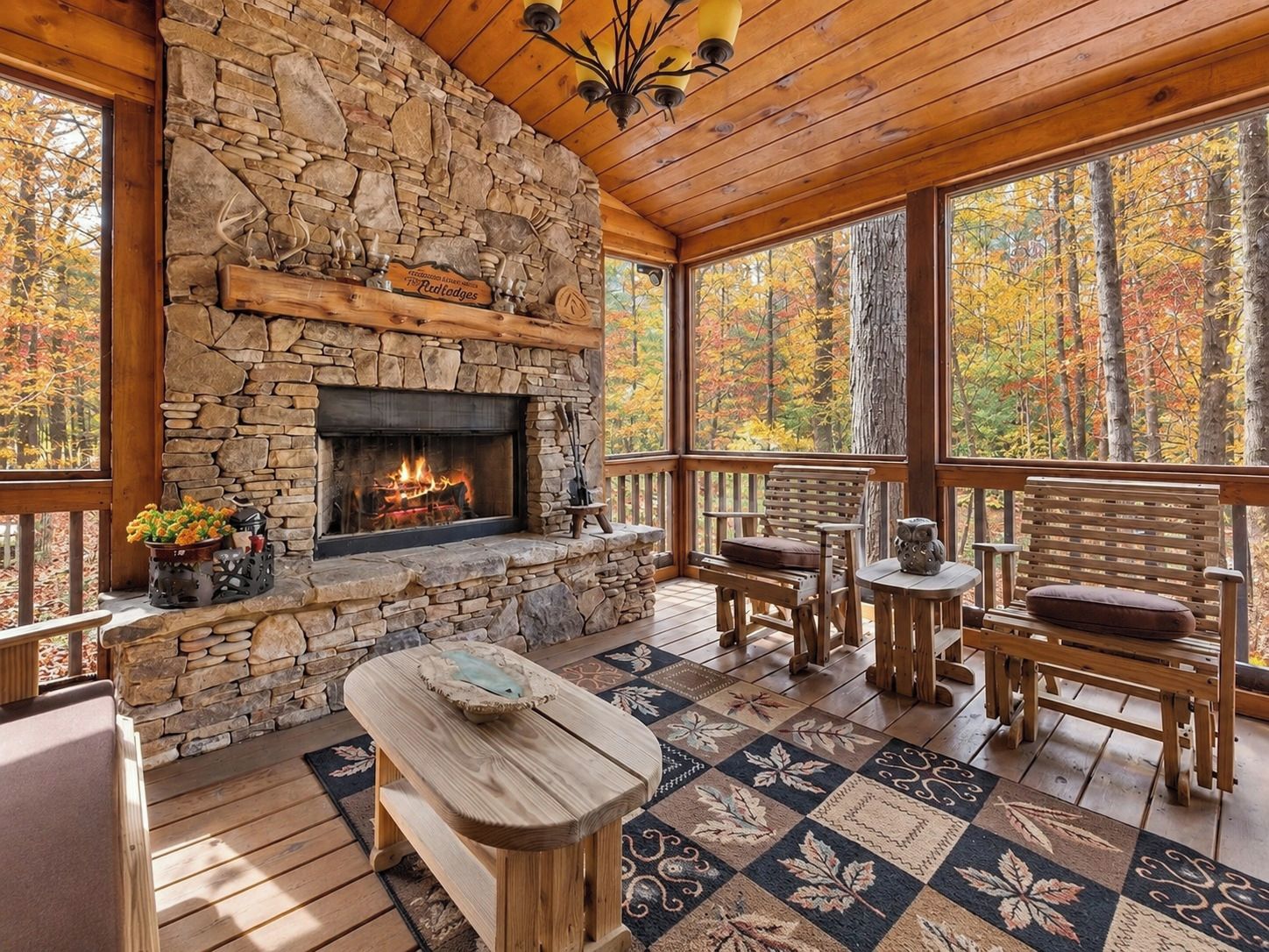 A stone fireplace with a fire, wooden furniture, and a view of autumn trees.