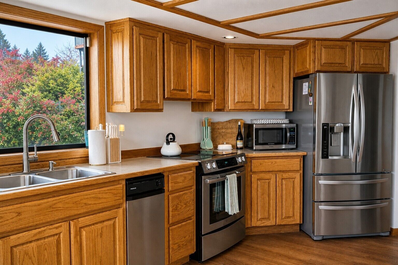 A modern kitchen with wooden cabinets, stainless steel appliances, and a window with a view of trees.