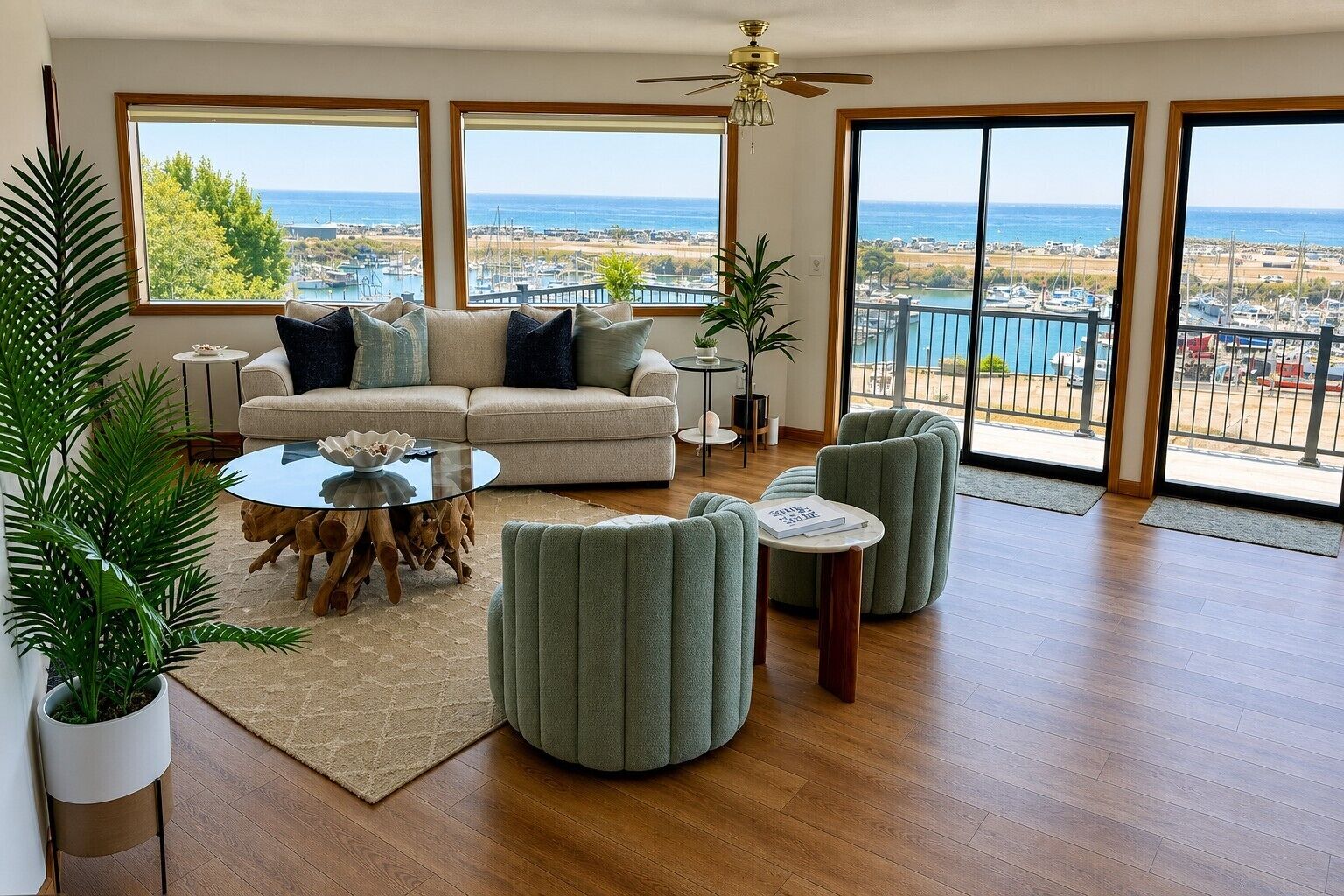 Un salon spacieux avec un grand canapé, deux fauteuils, une table basse et une vue sur la mer grâce à de grandes fenêtres.