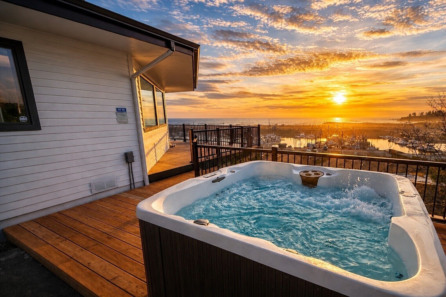 A hot tub on a wooden deck with a view of the sunset over a body of water.