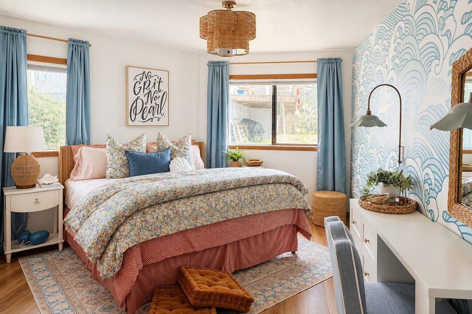 A bedroom with a bed, bedside table, lamp, and a wall with a quote.